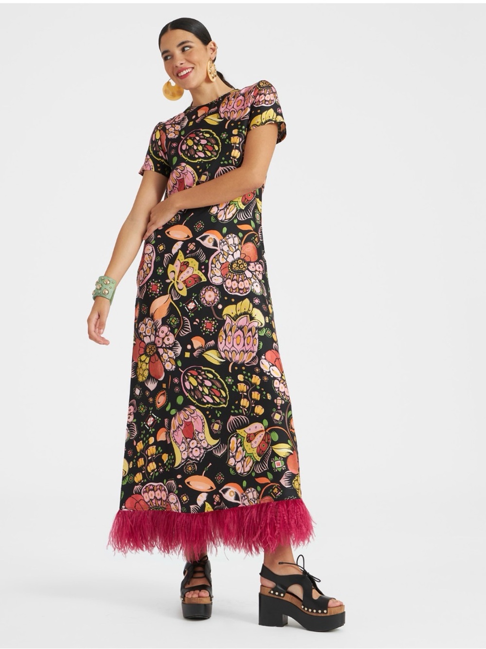 LA DoubleJ Black Floral Maxi Dress with Pink Feather Hem